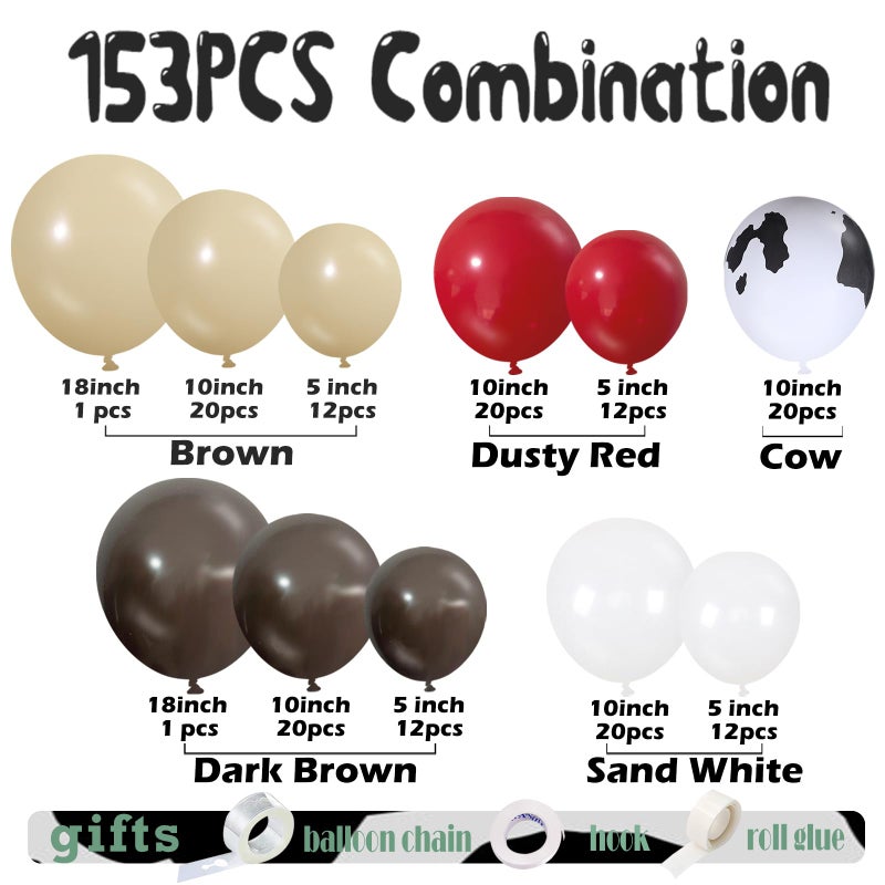 Vztipki 153 Pcs Red Brown Cow Balloon Arch Garland Kit - Red,Brown,Coffee, Sand White, and Cow Print Balloons for Cowgirl, Cowboy, Baby Shower, Birthday, Western, Farm Animals Theme Party Decorations - Image 2